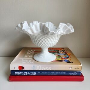 Vintage Fenton Hobnail Ruffled Rim Milk Glass Pedestal Bowl